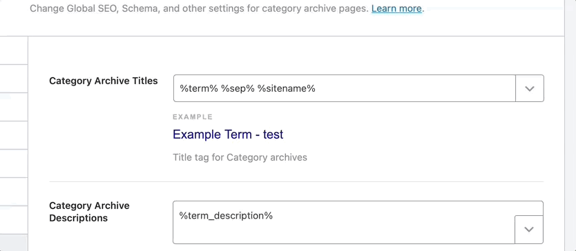 Variables available in the category archives titles