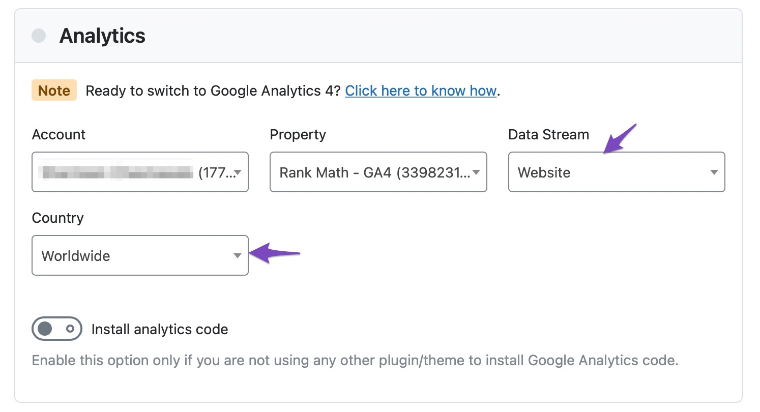 Choose web data stream and country