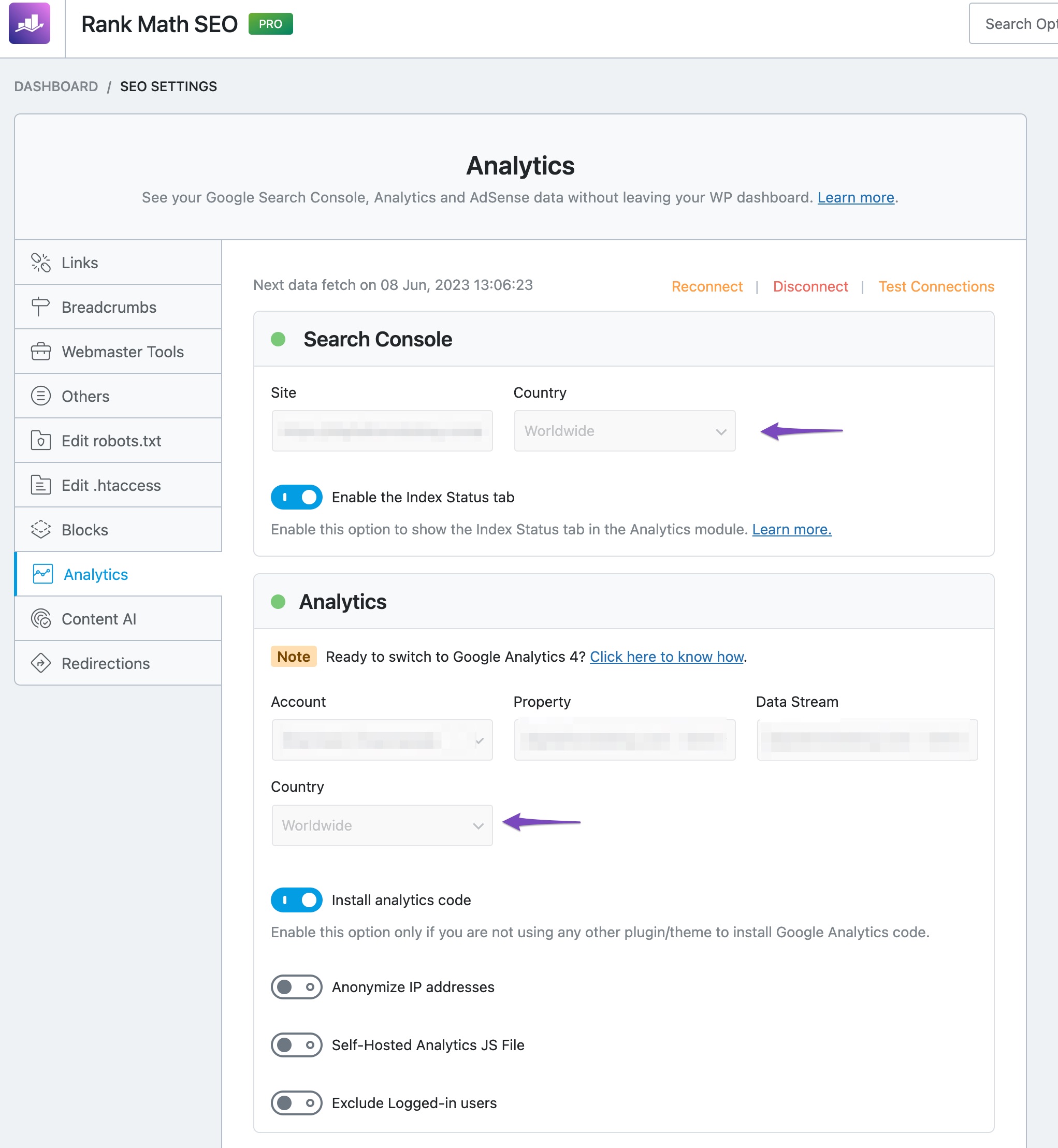 Analytics settings