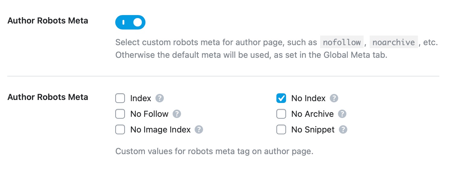 Author robots meta custom settings