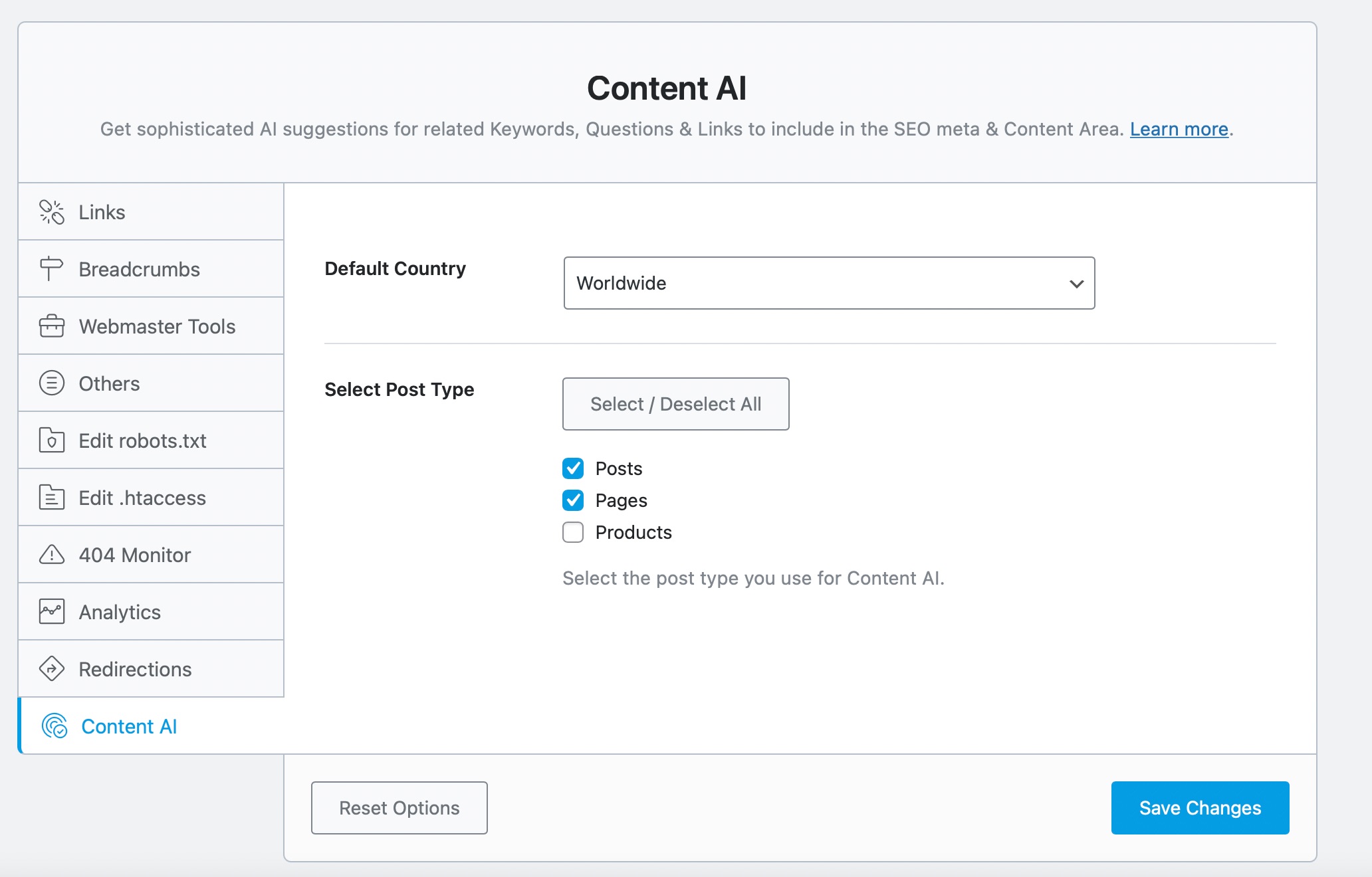 Content AI settings in Rank Math