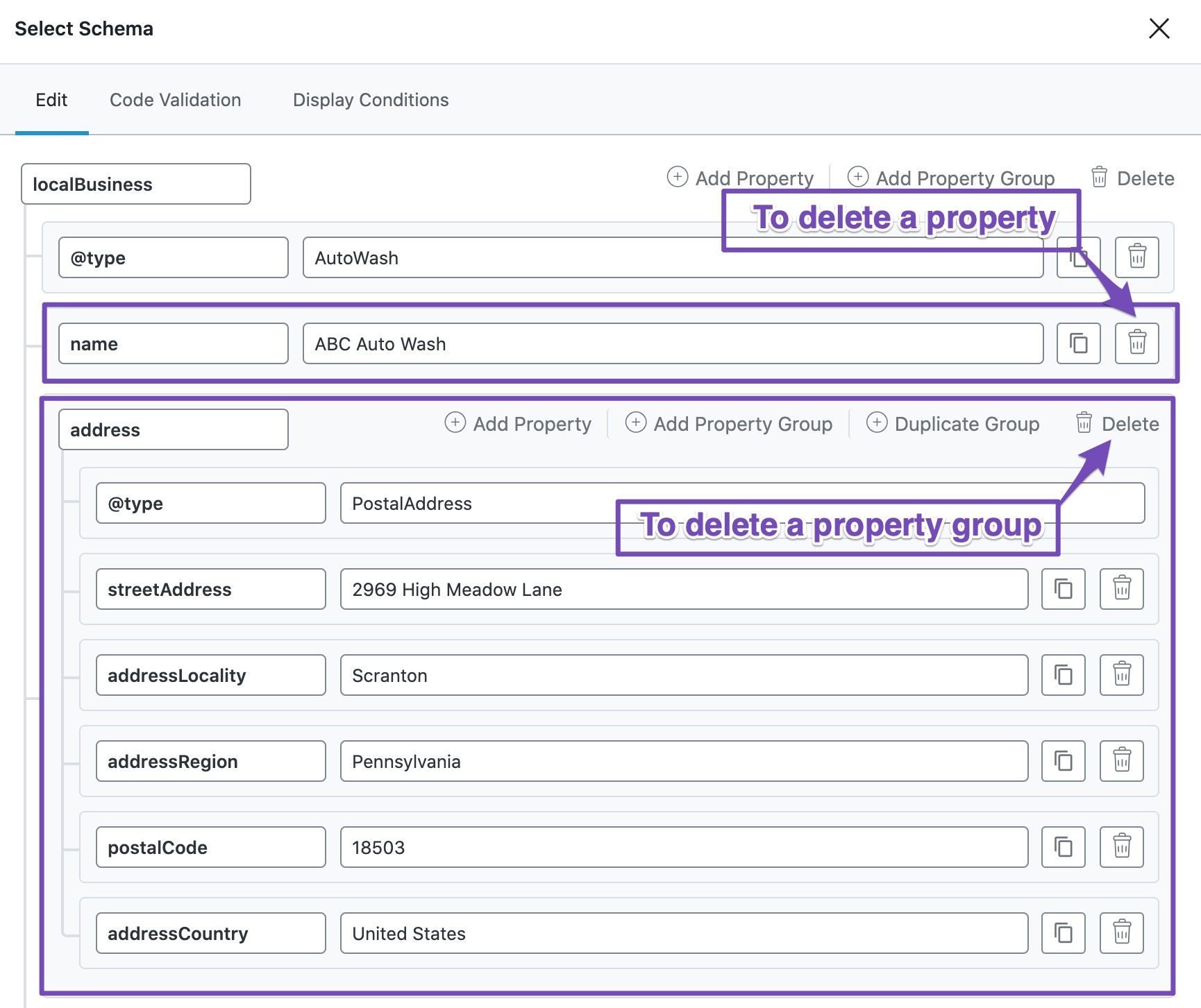 Delete a property or property group in Custom Rank Math Schema Builder