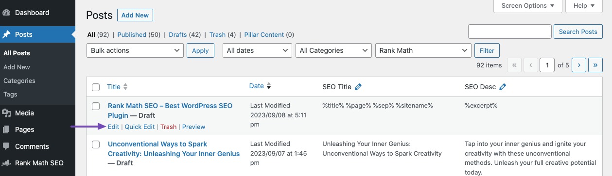 Edit post in WordPress screen