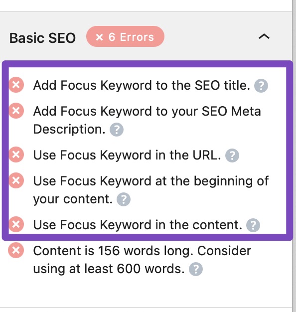 Focus Keyword Analysis by Rank Math