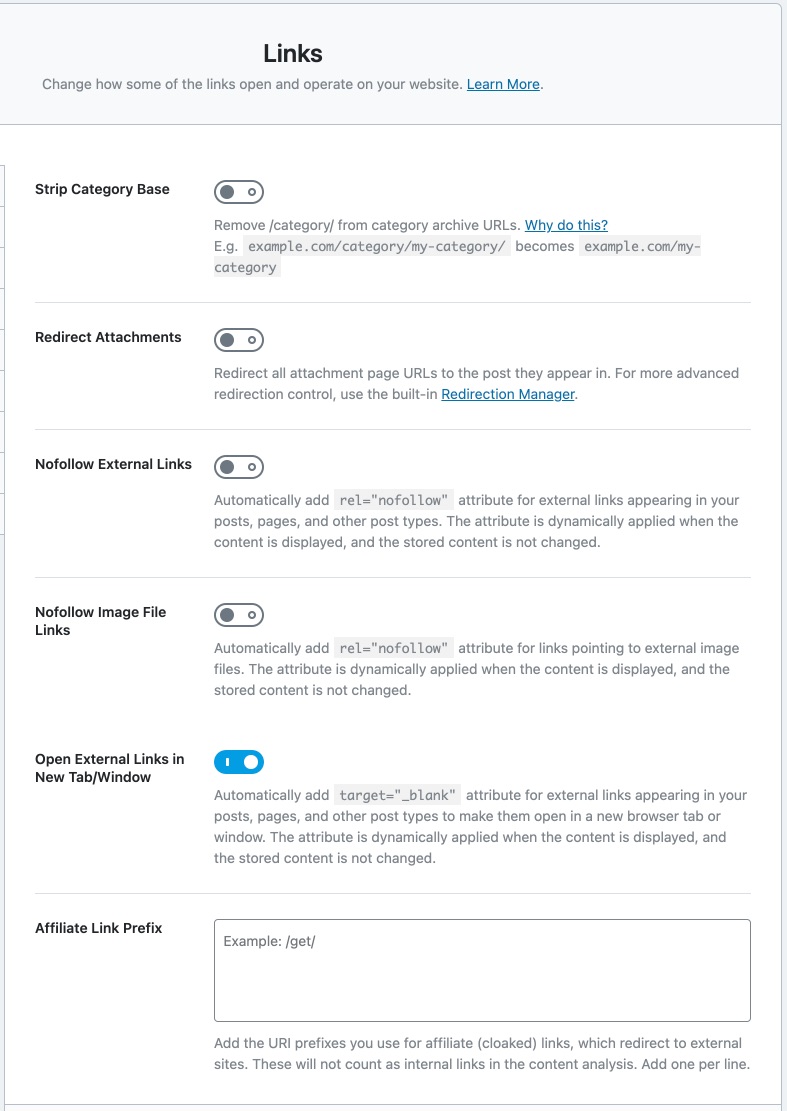 all the settings in the links section