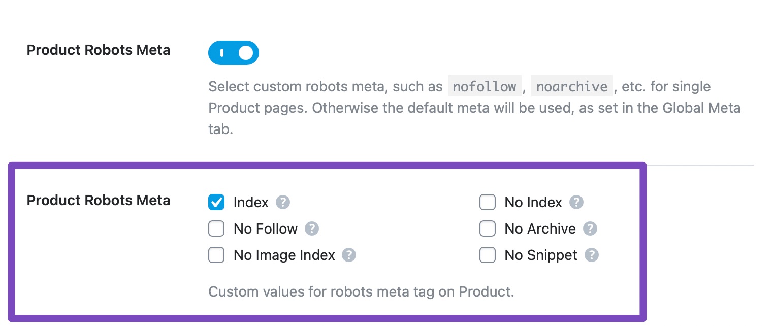 Products robots meta custom settings