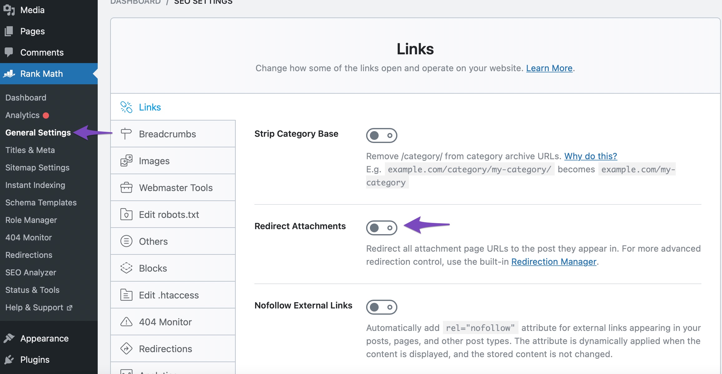 Disable redirect attachments in Links settings