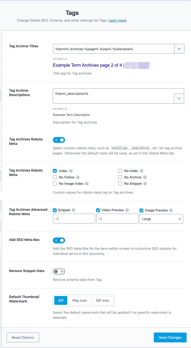 All settings in the tags tab