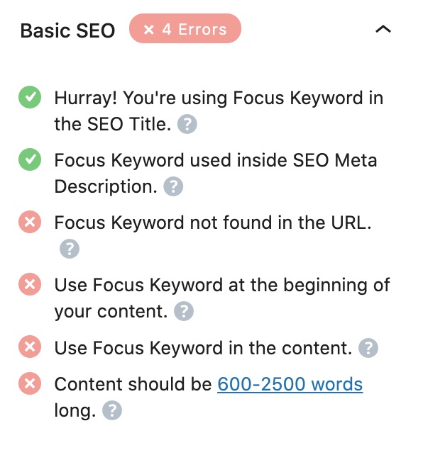 All tests performed in the Basic SEO section