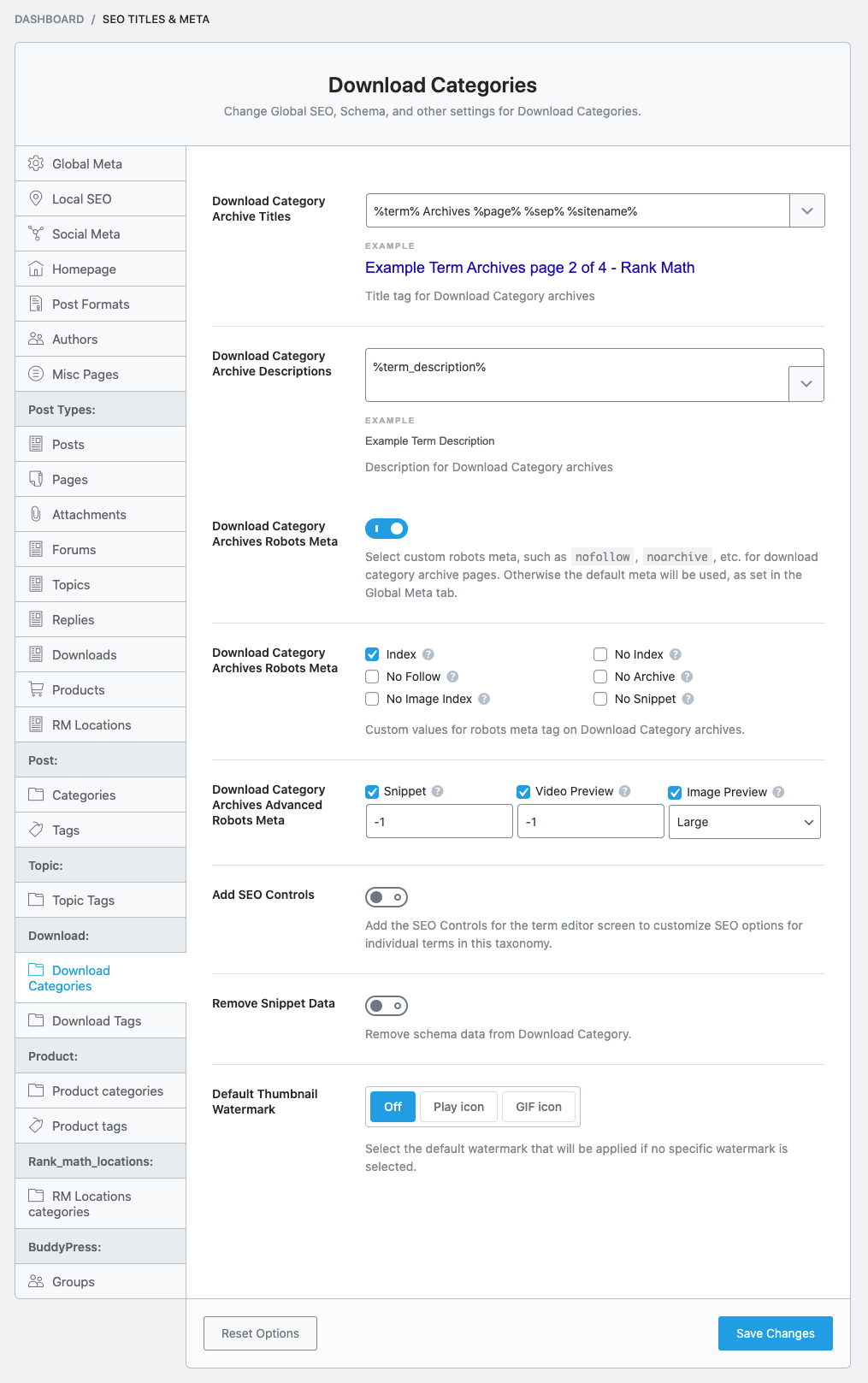 Download categories Titles & Meta settings