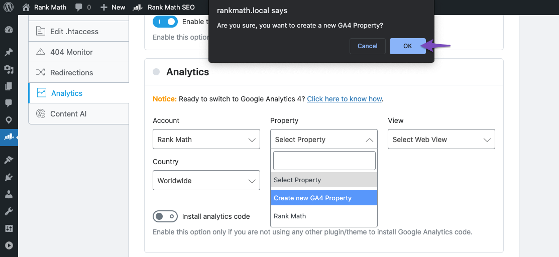 Create new GA4 property prompt