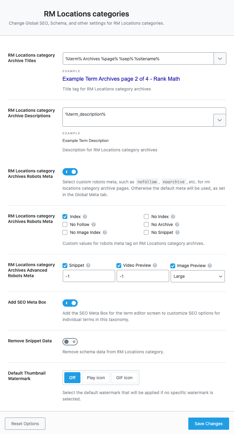 All settings available in RM Locations categories