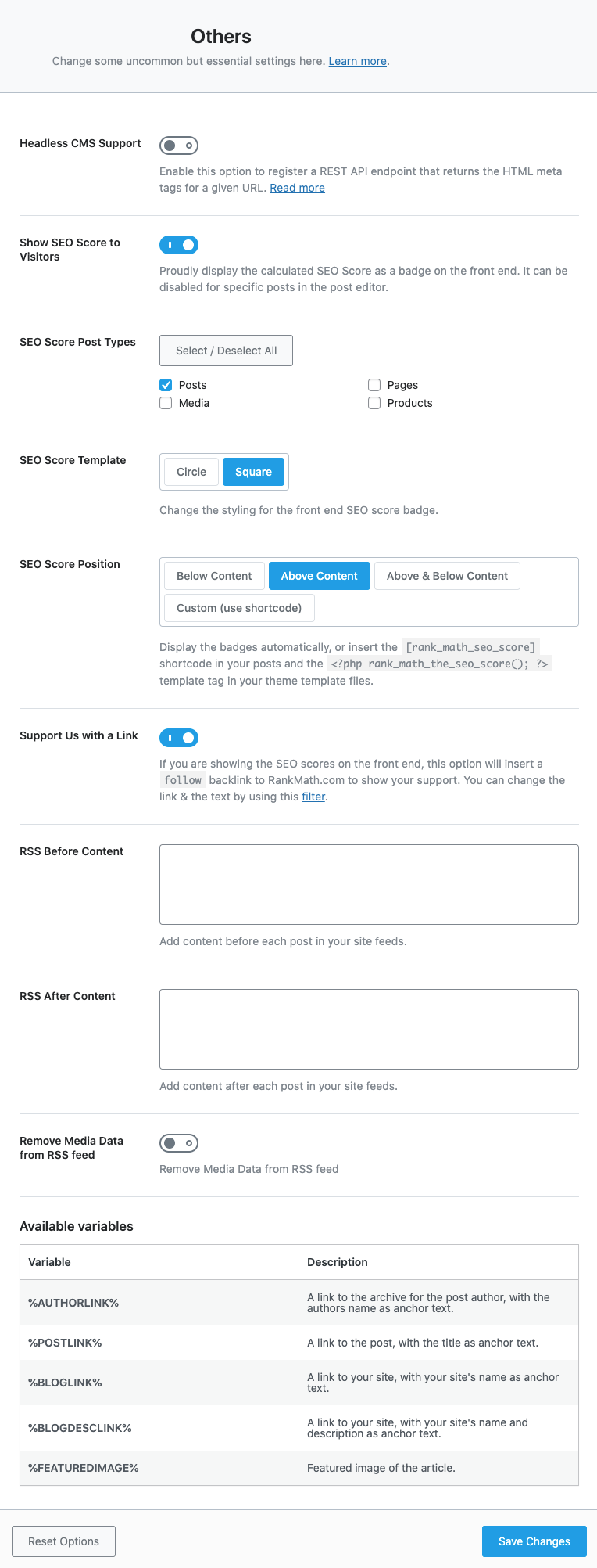 Settings available under Other SEO settings in Rank Math