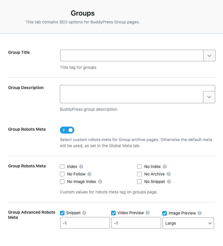 Titles and Meta settings in Groups